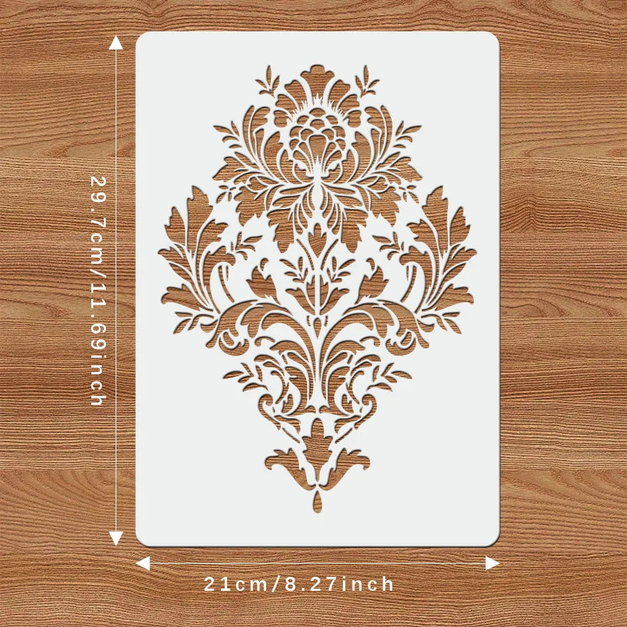 Stencil floral classique baroque marron clair peinture murale opacité 29.7cm 21cm