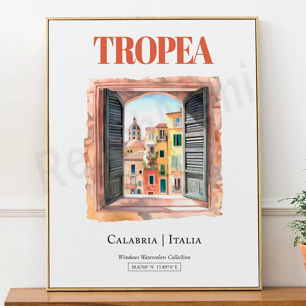 Affiche touristique représentant les bâtiments colorés de la ville de Tropea, en Calabre, Italie.