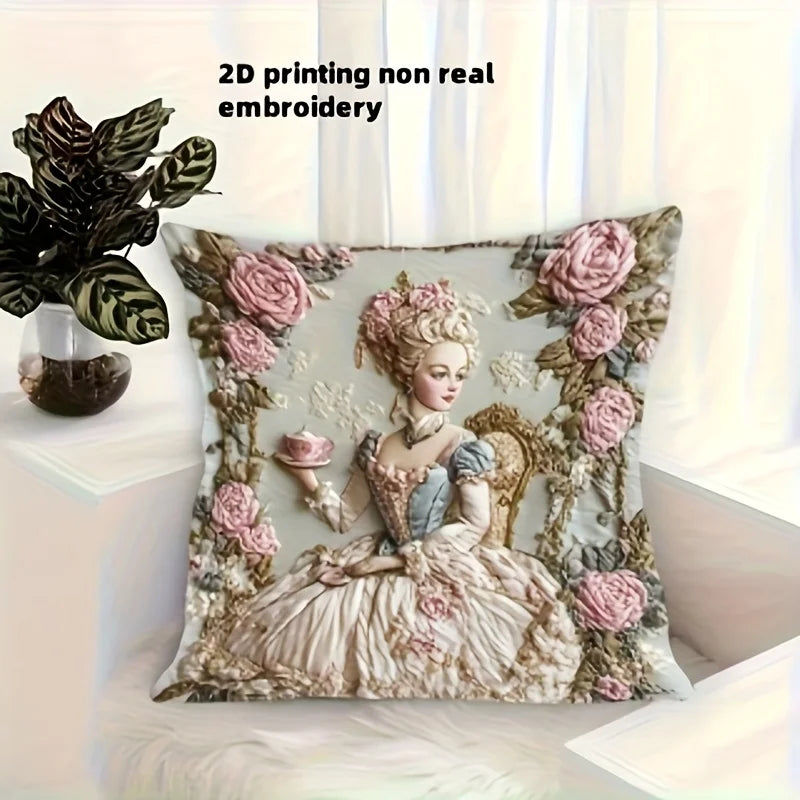 coussin vintage floral bleu clair beige rose pâle brodé femme assise polyester contemporain machine
