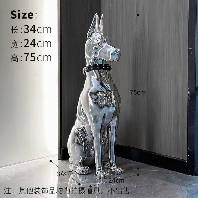 statue moderne chien dobermann bulldog lunettes collier or argent réfléchissant intérieur décoration