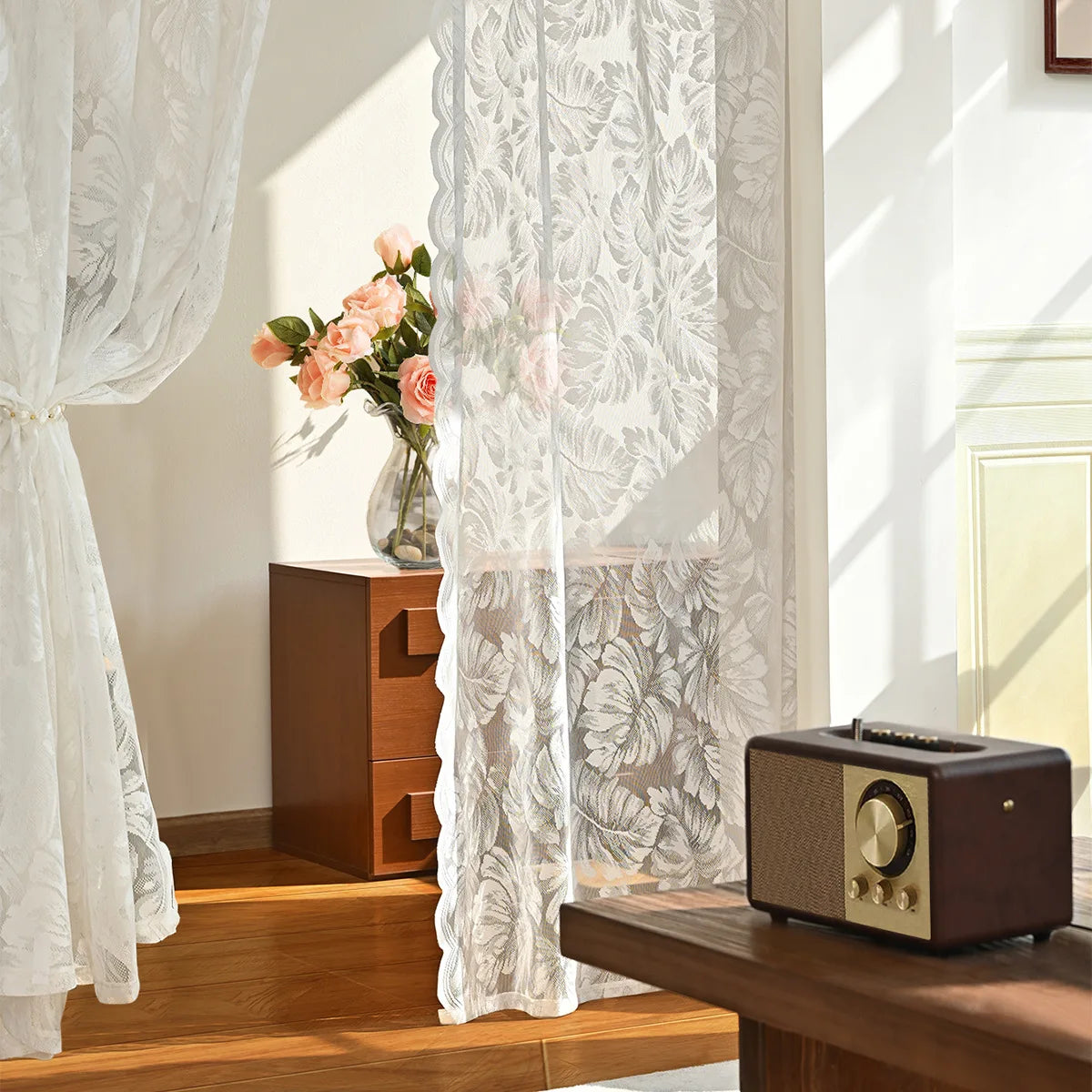 rideau blanc fleurs transparent classique deux panneaux salon chambre coucher decoration pastorale