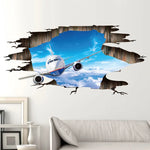 sticker mural 3d avion ciel nuages texture bois blanc bleu gris brun réaliste adhésif