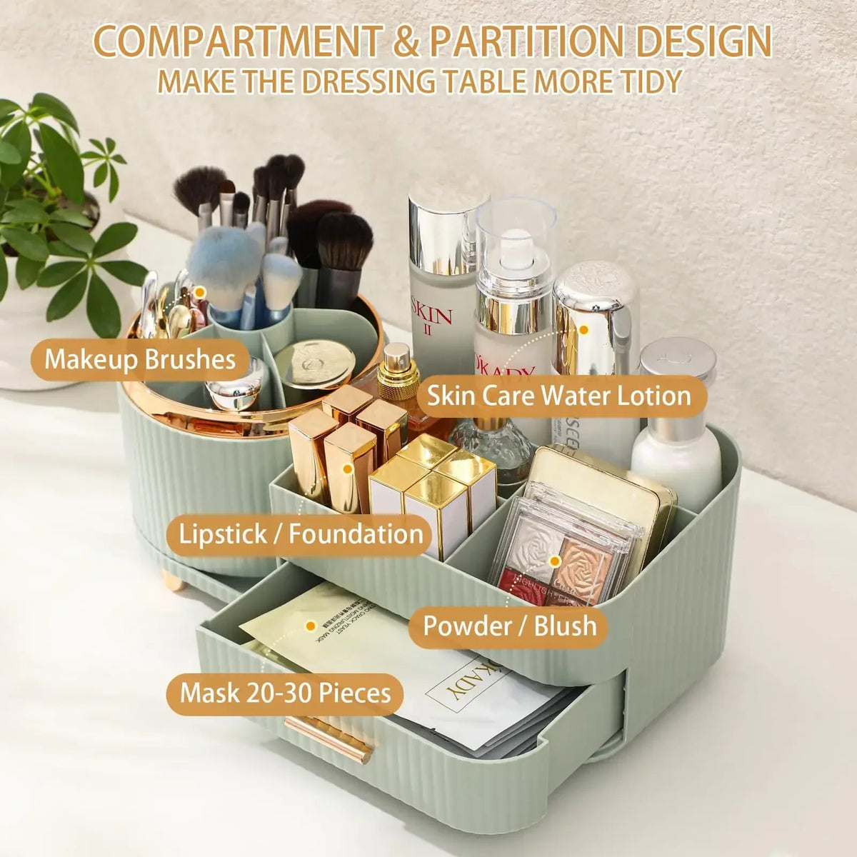 organisateur maquillage multifonctionnel vert clair rayures moderne élégant pieds dorés crème hydratante fond teint