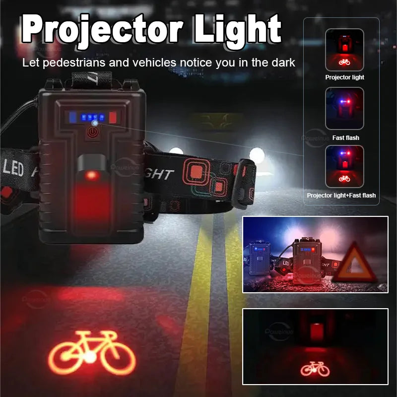lampe frontale led rechargeable usb pêche chasse projection motifs vélo triangle signalisation