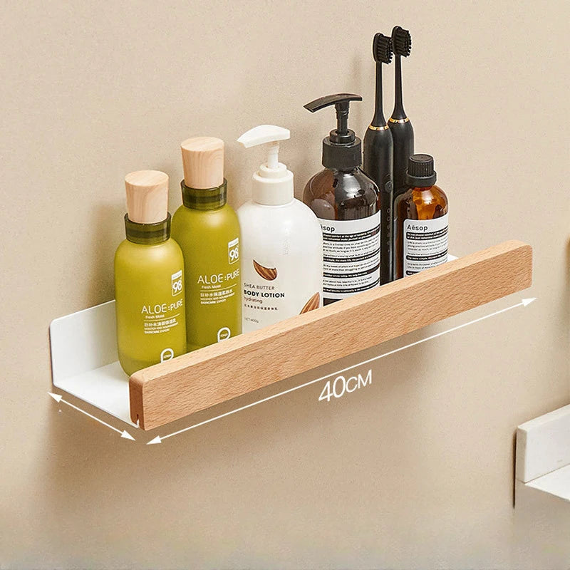 étagères murales modernes minimalistes noires bois flacons brosse dents adhésives salle bain