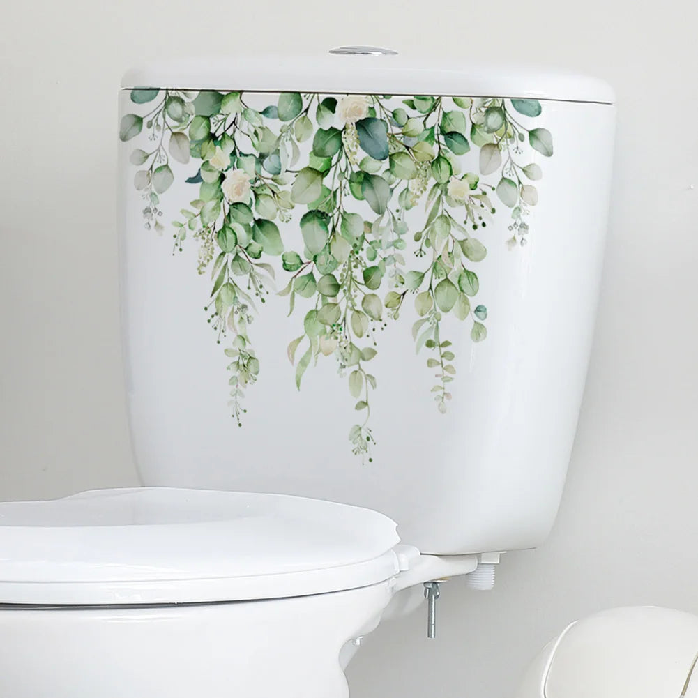autocollant mural plante verte fleur décoration moderne salle bain toilette adhésif pvc résistant eau