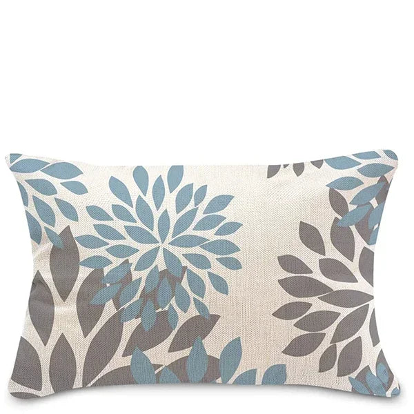 coussin décoratif moderne motif floral géométrique bleu clair gris beige