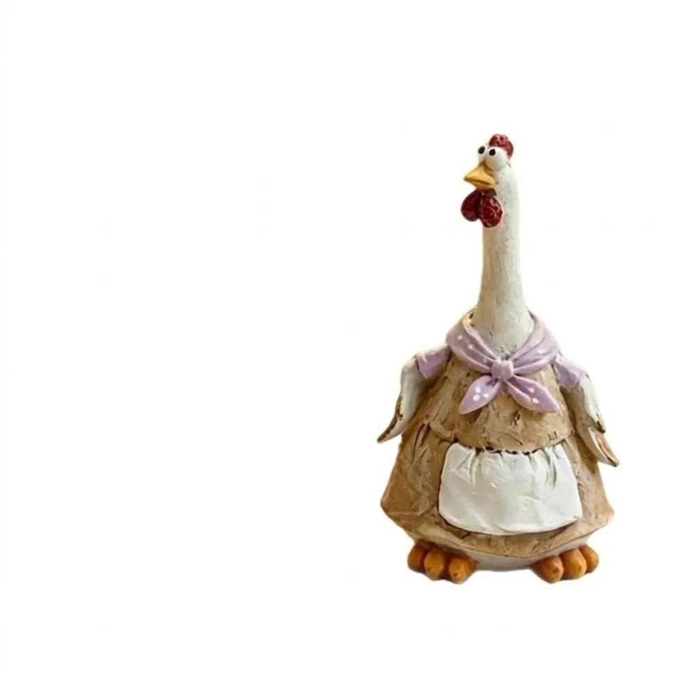 statues decoratives poules couleur blanc marron rouge aspect vieilli rustique vintage jardin decoration exterieure