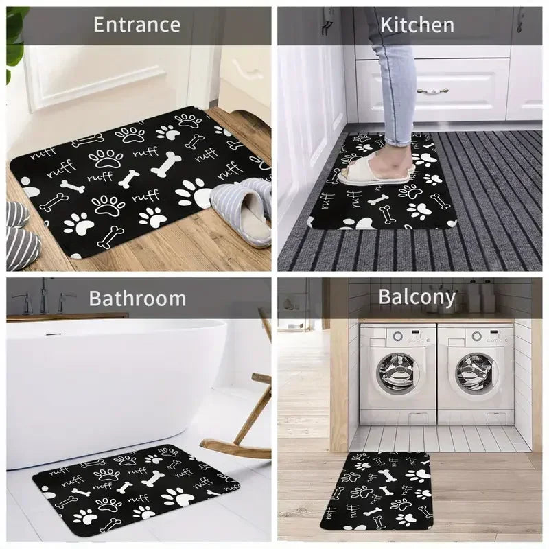tapis d'entrée moderne yeux poupée welcome chiens os noir roseclair blanc