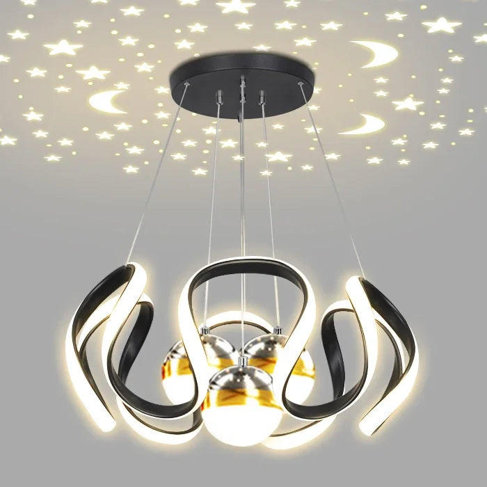 suspension lumineuse moderne noir doré boules lumière câbles suspendus forme circulaire ondulée