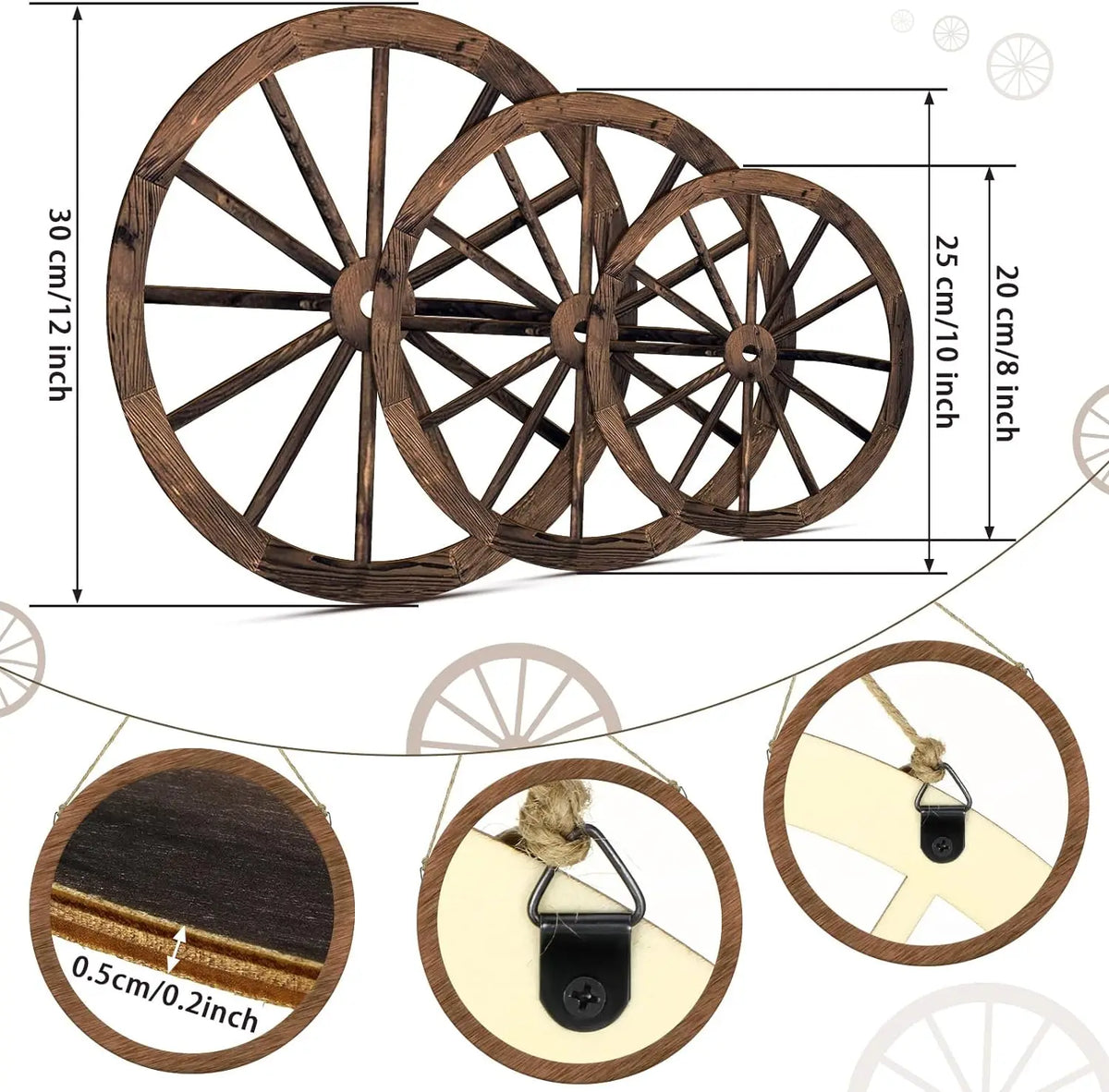 décoration rustique vintage roue chariot bois brun lignes noires métalliques suspension jardin festive western