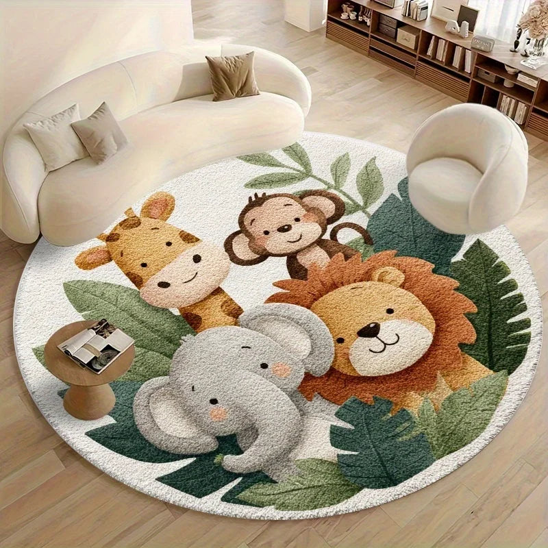 tapis animaux jungle antidérapant doux polyester blanc vert chambre enfant