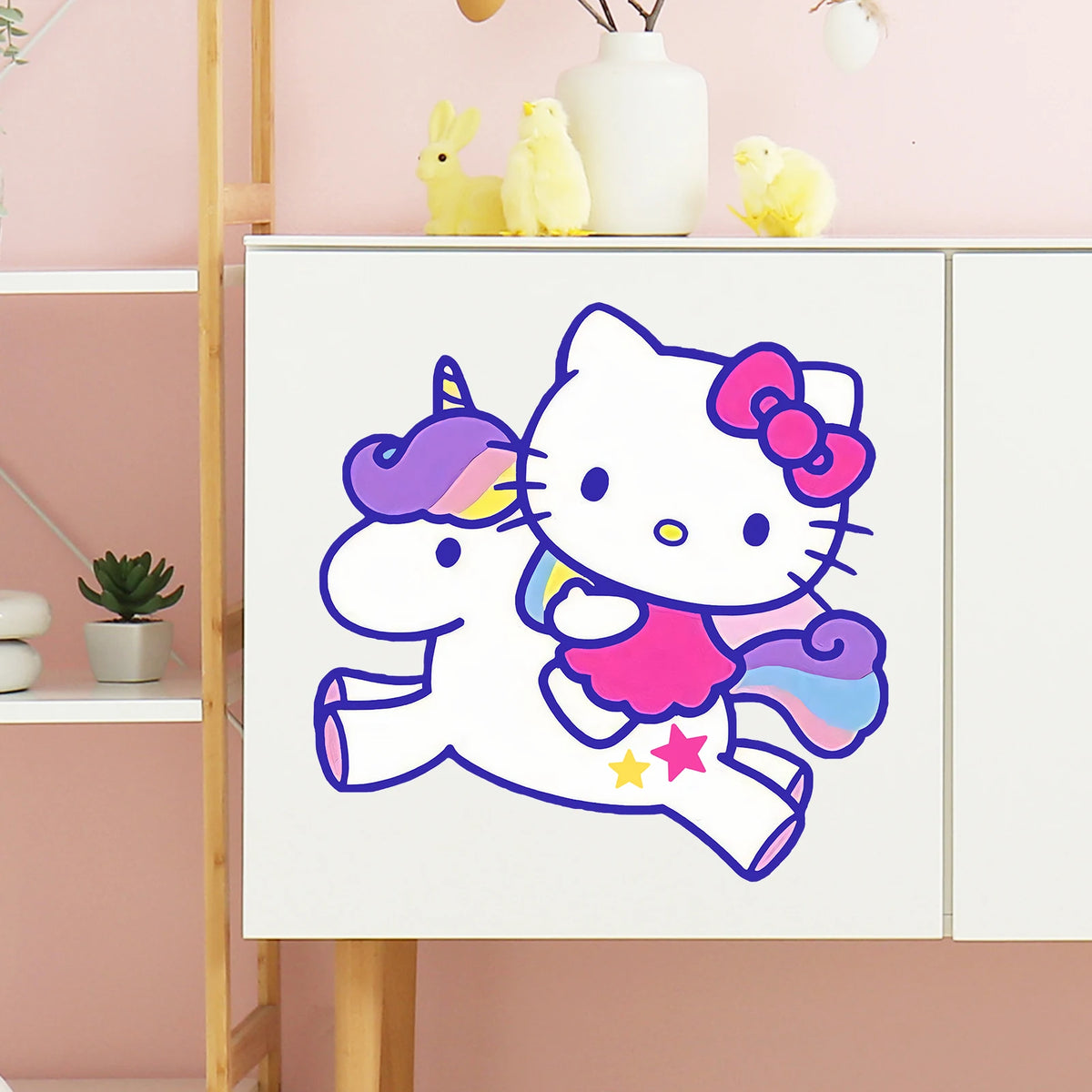 sticker mural hello kitty licorne arc ciel étoile dessin animé violet rose blanc bleu