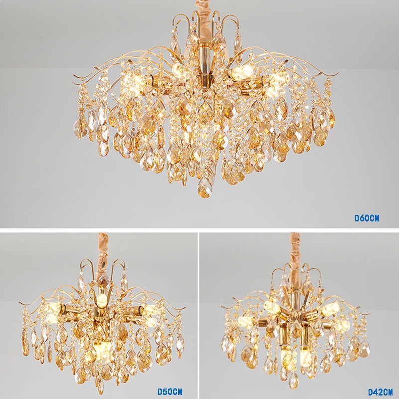 lustre moderne doré cristaux facettés led classique chambre salon transparent
