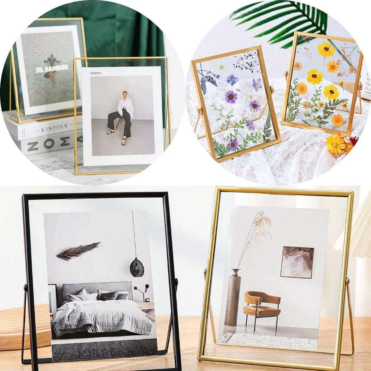 cadre photo rectangle acrylique moderne noir doré transparent pied métal decoration maison