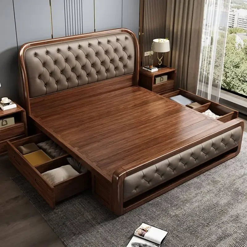 lit double moderne marron clair cuir capitonné bois massif élégant oreillers coussins draps tapis