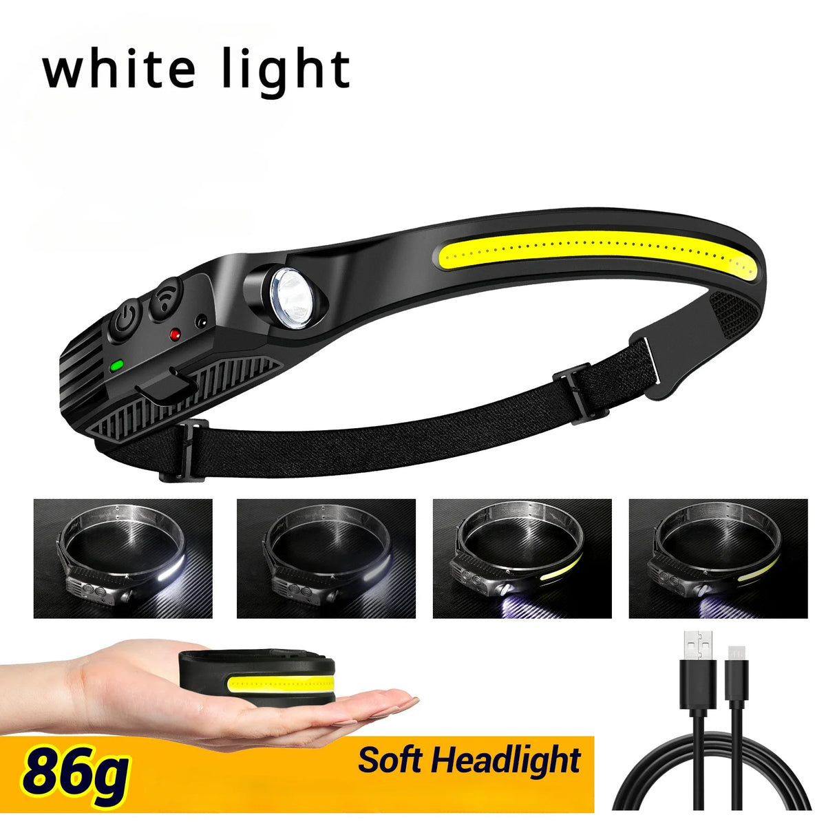 lampe frontale rechargeable led noir jaune blanc rayures moderne compact ceinture camping