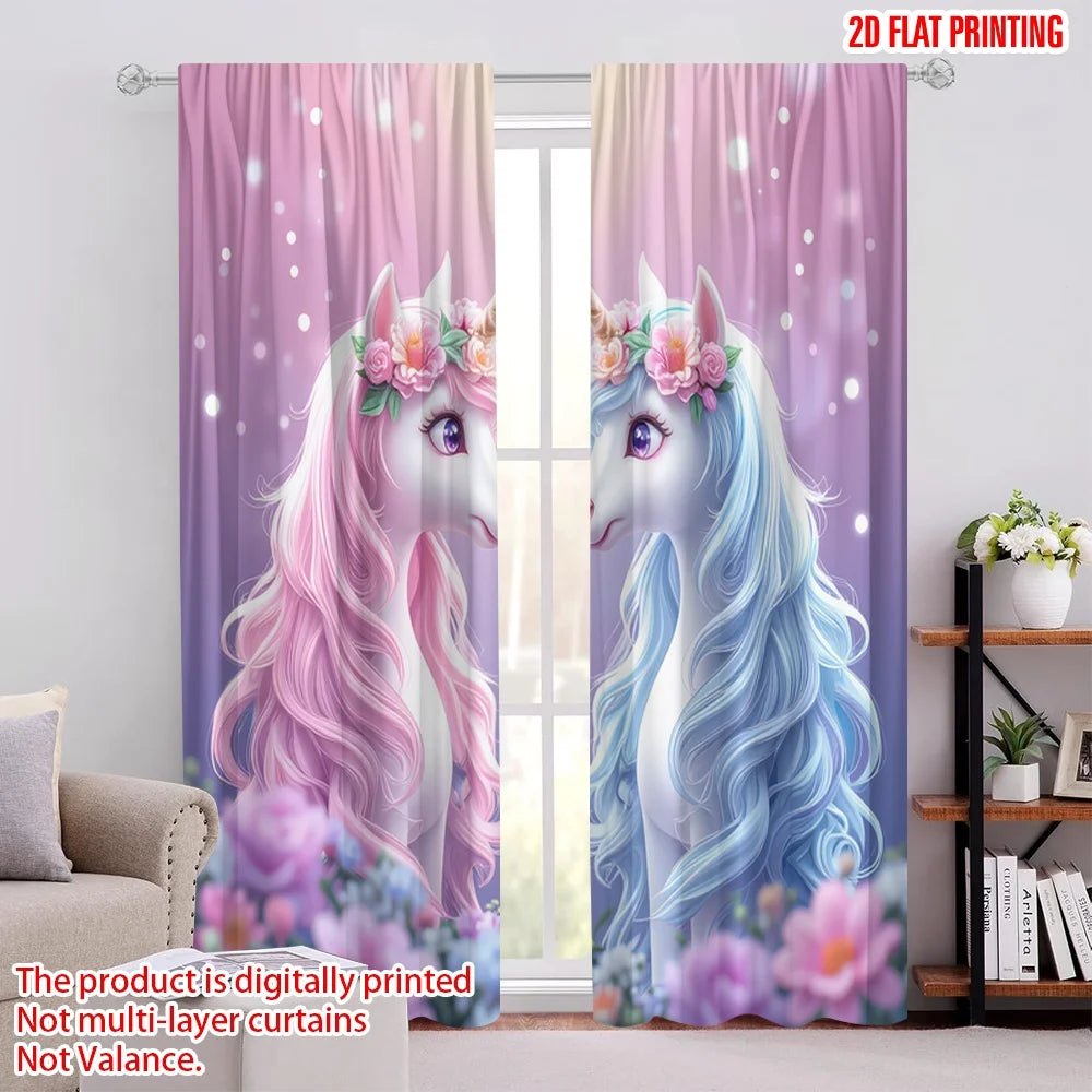 rideau licorne fleurs pastel polyester moderne rose violet blanc