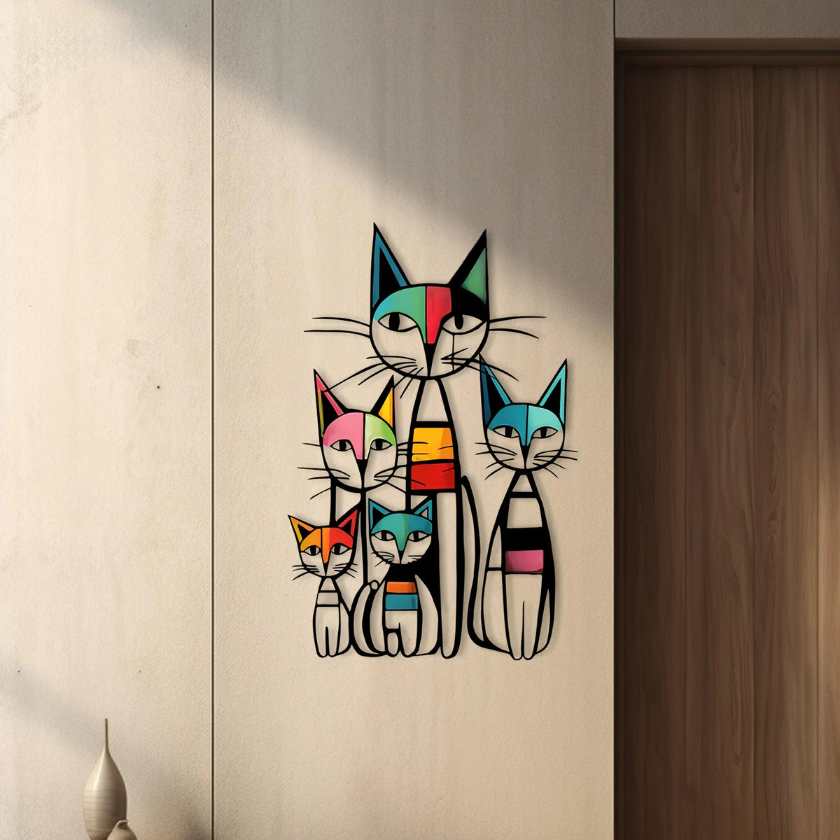 sticker mural moderne multicolore famille chats stylisés adhésif pop art chambre enfants deco murale