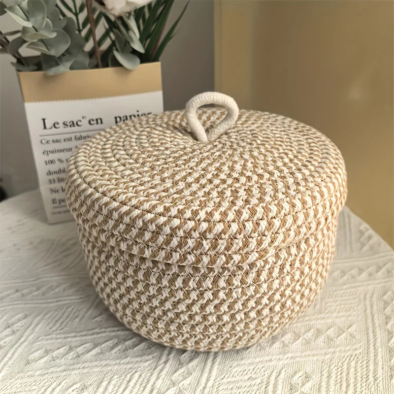 panier rangement tissé géométrique rustique beige clair foncé bohème couvercle opacité multifonctionnel