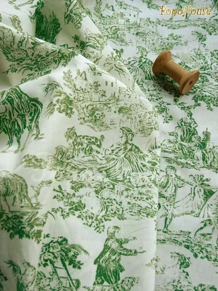 tissu coton imprimé jouy rouge vert personnages animaux rustique 150cm bricolage décoration maison