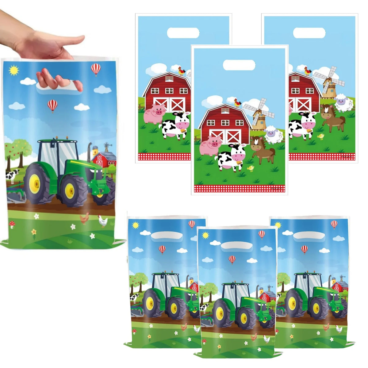 sac cadeau anniversaire paysage rural tracteur ferme animaux ballons illustration cartoon poignées blanches