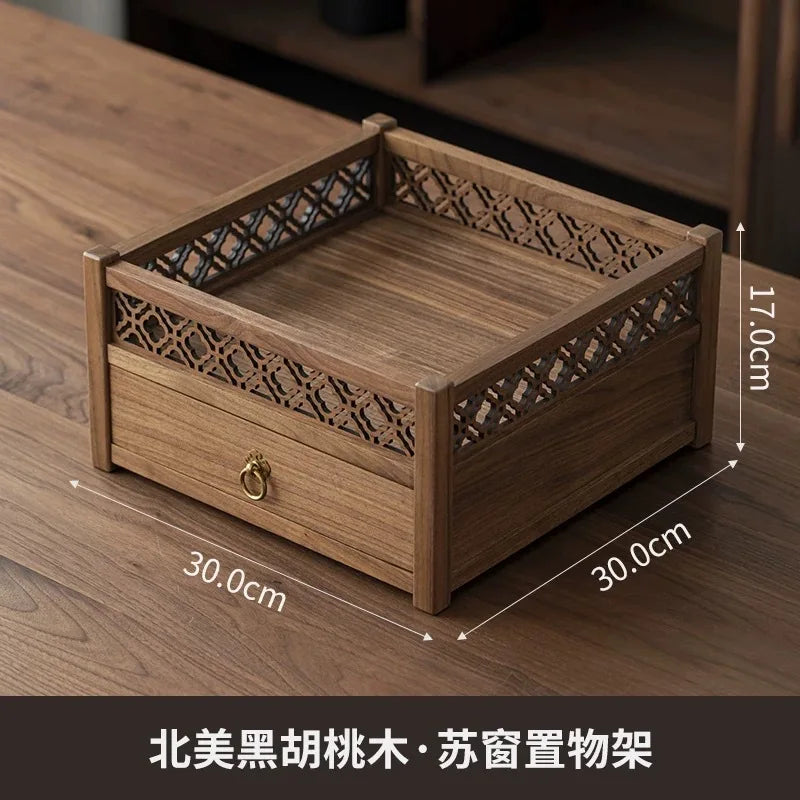 boîte rangement bois marron foncé moderne poignées intégrées rangement thé vin pinceaux crème