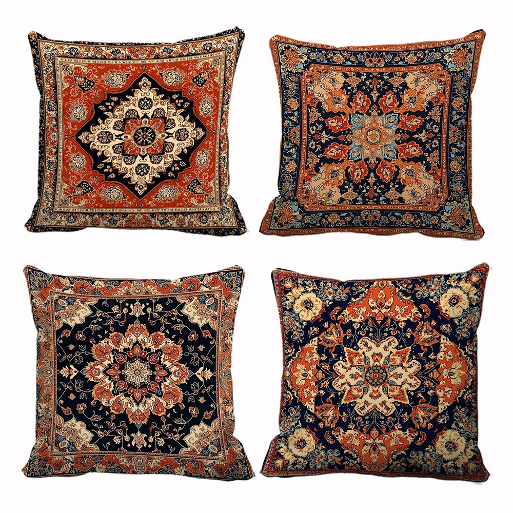 taies d'oreiller décoratives motifs floraux géométriques vintage bleu marine orange beige blanc polyester peachskin