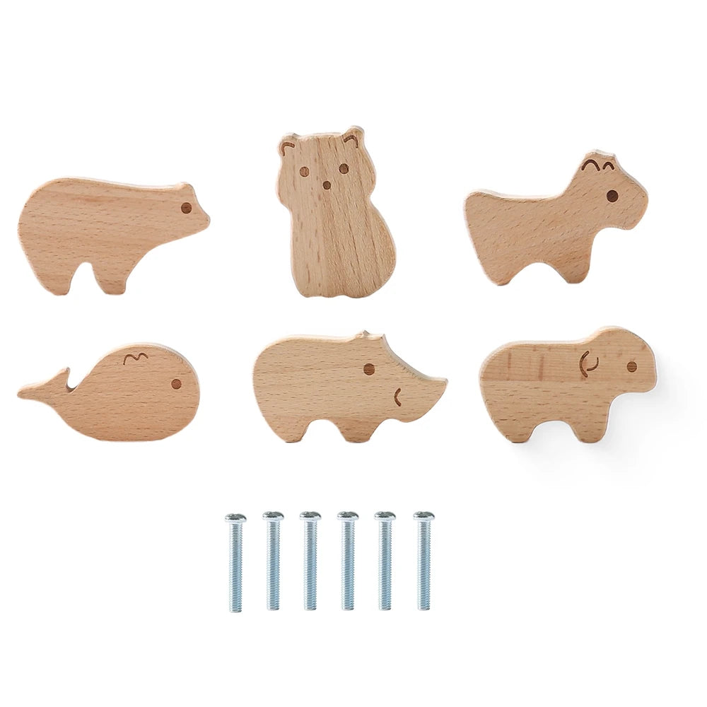 boutons tiroir animaux motifs modernes cartoon vis fixés blanc beige marron gris rose bleu