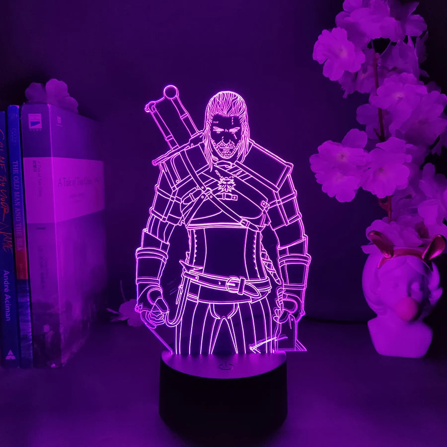 lampe led 3d figure personnage armé violet bleu rouge vert base télécommande