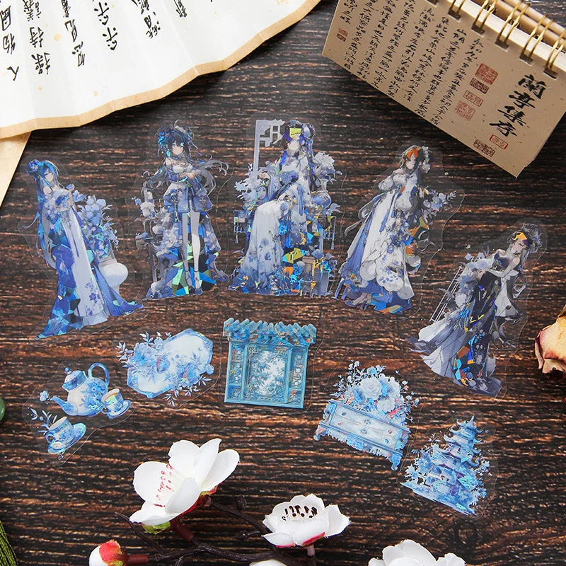 autocollants traditionnels chinois personnages costumes historiques papillons fleurs transparents scrapbooking journal bricolage 10pcs bleu