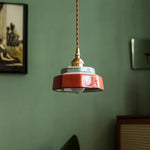 lampe suspendue vintage céramique motif géométrique orange vert blanc