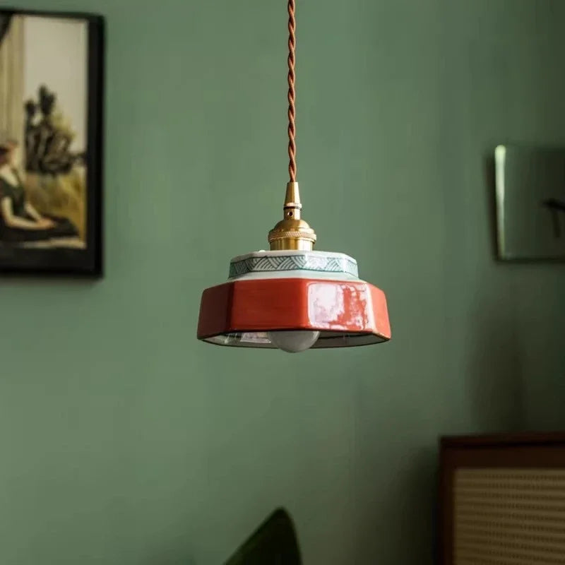 lampe suspendue vintage céramique motif géométrique orange vert blanc