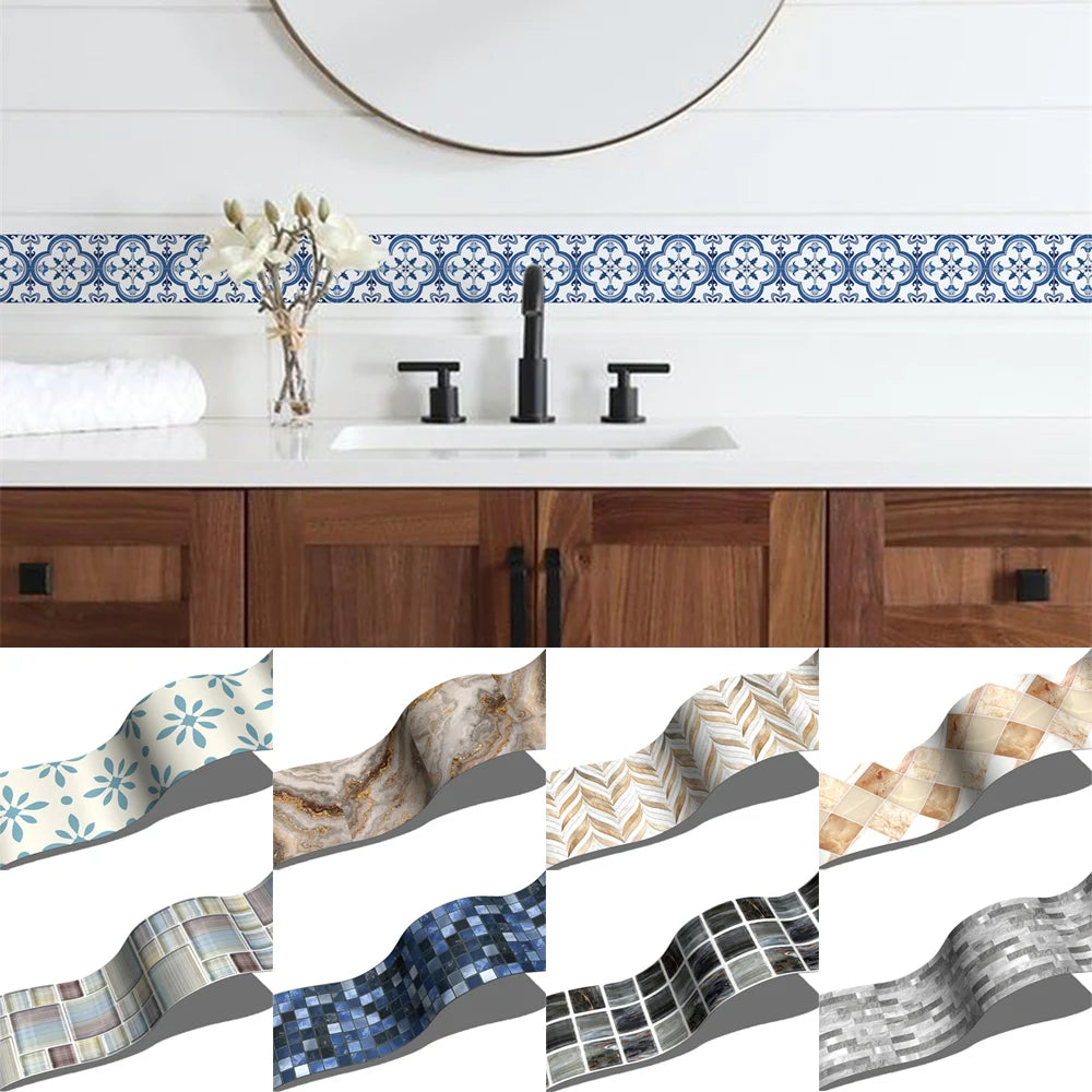 ruban decoratif bleu blanc motif geometrique texture marbrée moderne adhésif decoupe morceaux 200cm 10cm
