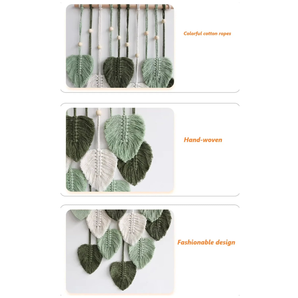 tapisserie murale coton feuilles stylisées vert blanc beige bohème moderne fixations decoration mur hanging
