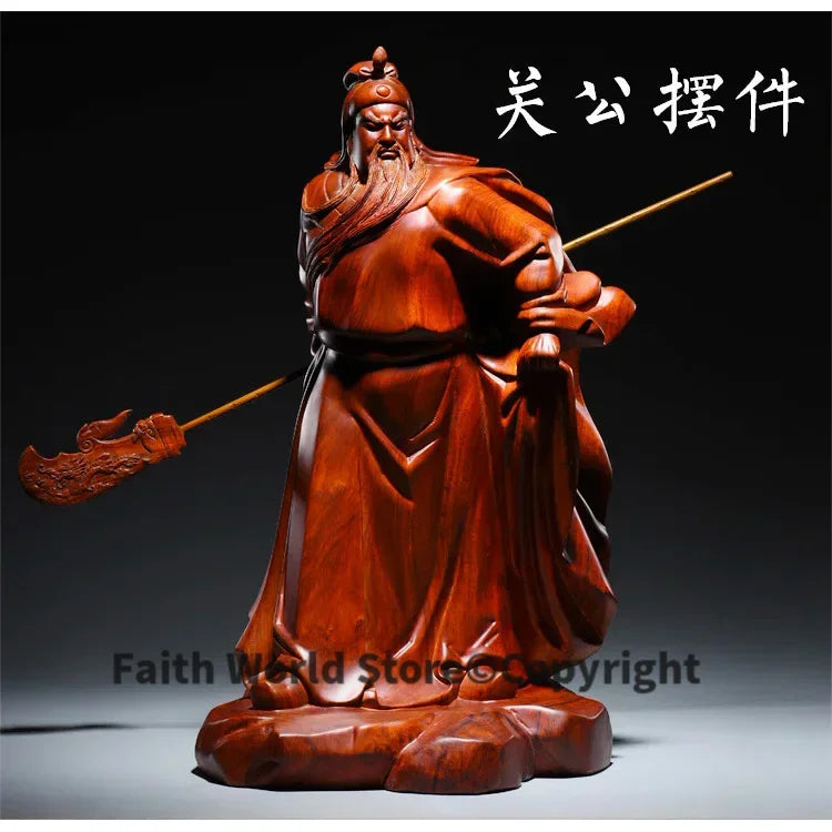 statue bois sculptée homme lance chinois base rocher bouddhisme traditionnel marron foncé