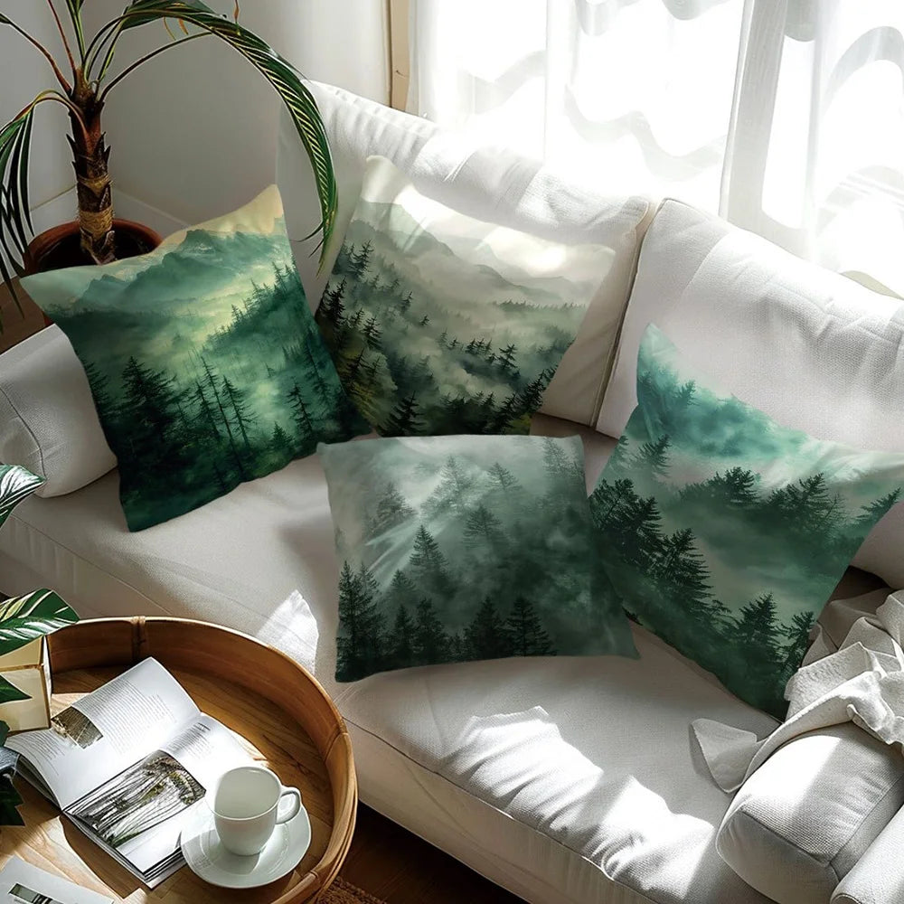 taies d'oreiller imprimées forêt brumeuse polyester peacheskin 40x40cm 45x45cm 50x50cm 60x60cm zip closure naturel