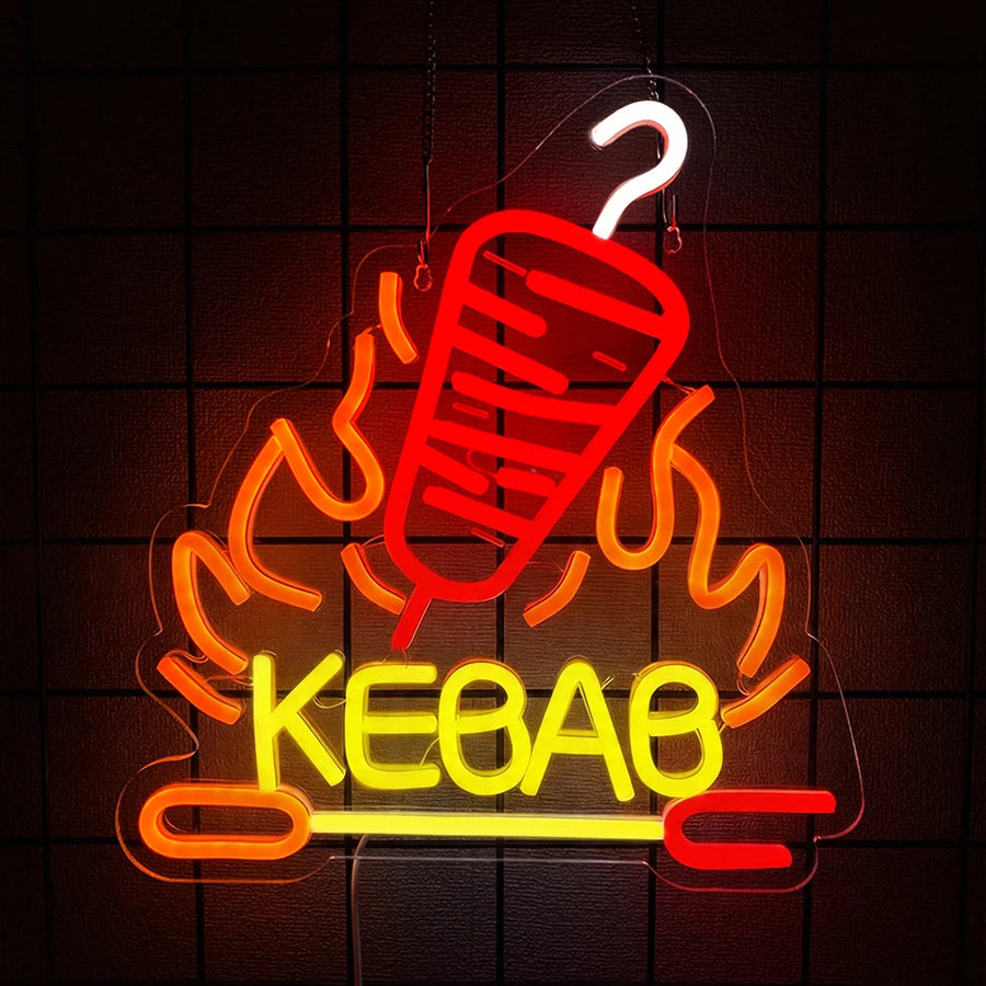 néon lumineux barbecue steak fourchette couteau flamme porc kebab rouge blanc moderne fixations murales