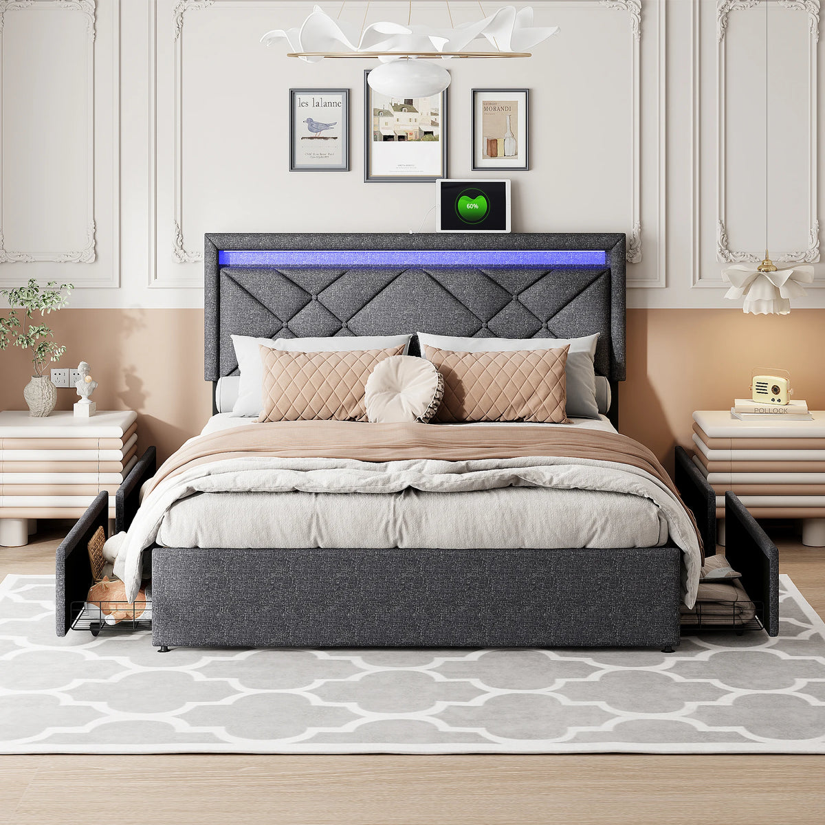 Détail des rangements et ports USB du lit double