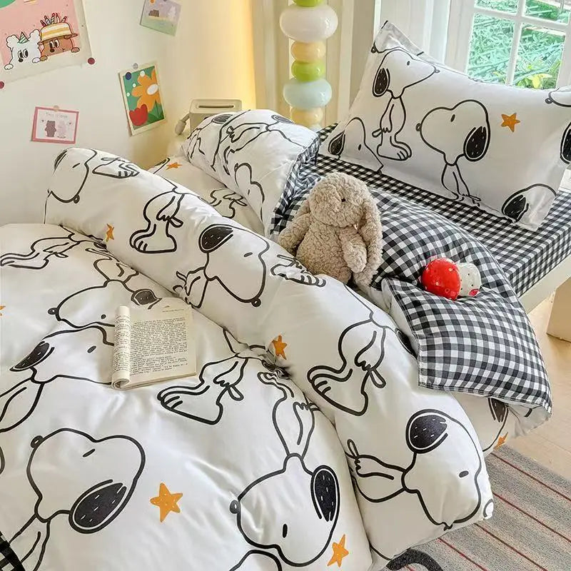 ensemble literie snoopy motif carreaux blanc noir jaune étoiles enfantin moderne 4pièces