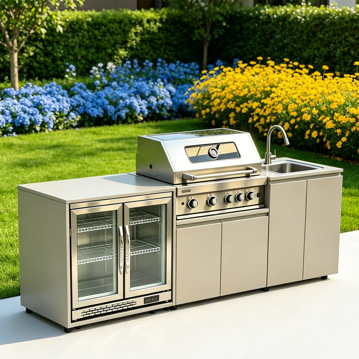 barbecue extérieur inoxydable évier réfrigérateur led moderne cuisine patio jardin ustensiles acier inoxydable pieds