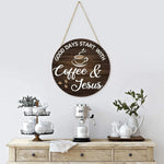 plaque décorative circulaire minimaliste lettres grains tasse noire blanche moderne