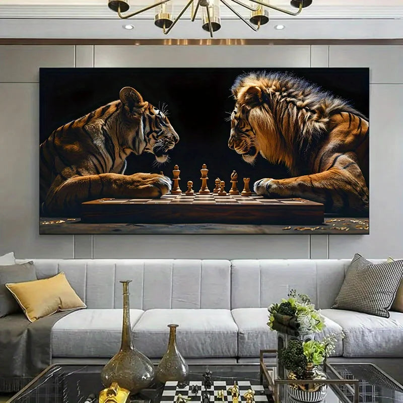 tableau toile tigre lion échecs salon chambre décoration mur moderne animal réaliste