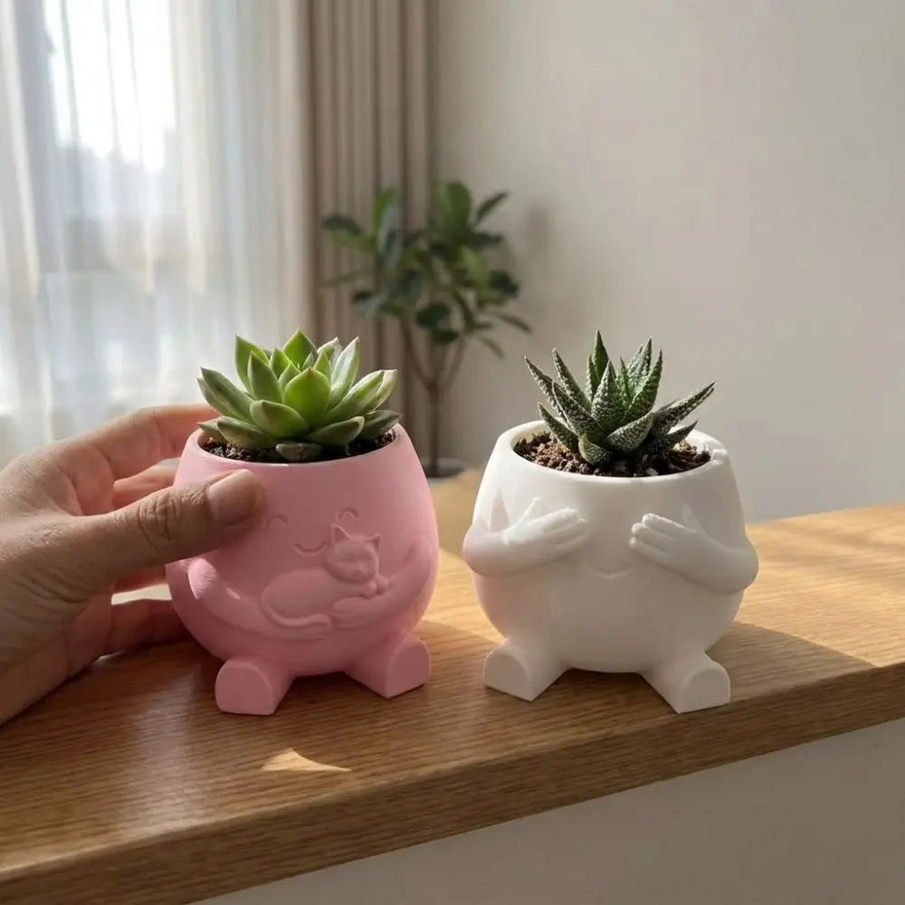 cache pot mignon rose clair blanc cactus succulentes visage souriant chaton cartoon opacité