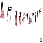 décoration halloween fanion sang rouge noir scies couteaux mains pieds clips festive