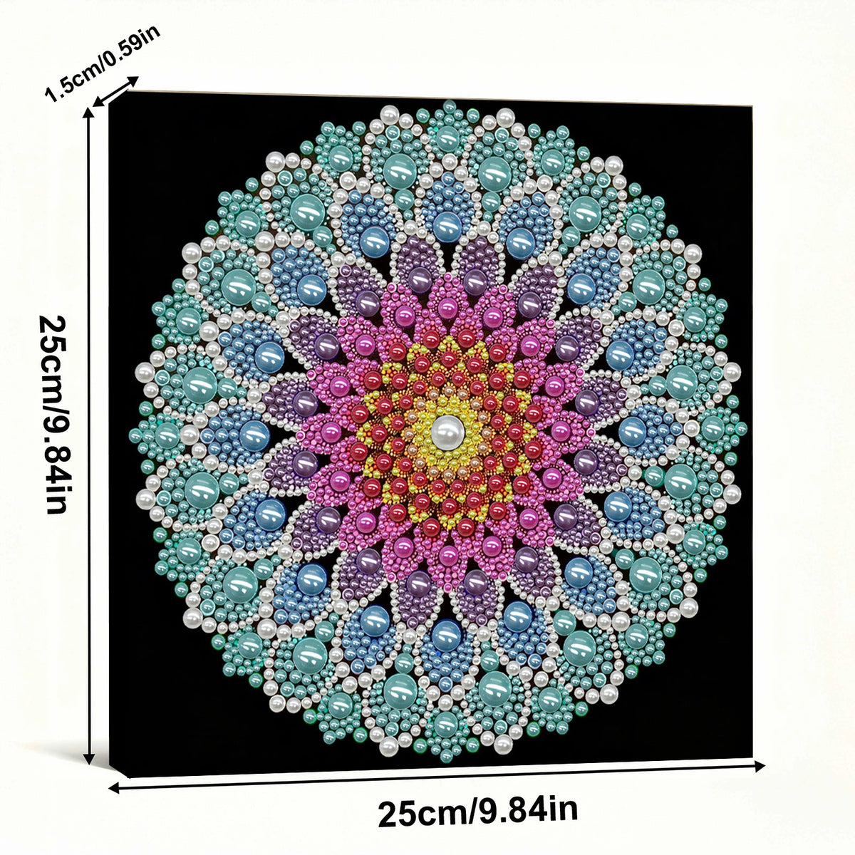 tableau décoratif mandala bleu blanc doré rose vert jaune violet orange contemporain 25x25cm