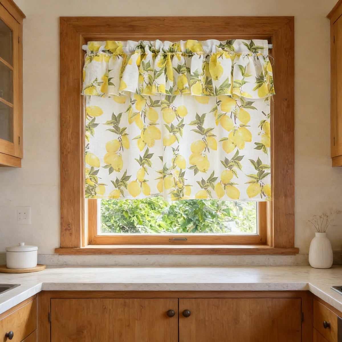 rideau pastoral imprimé citrons jaunes blancs feuilles vintage maison