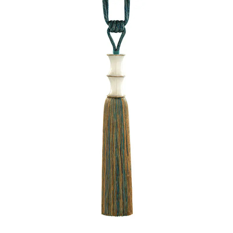 rideau vert beige marron broderie bambou franges classique traditionnel tassel translucent