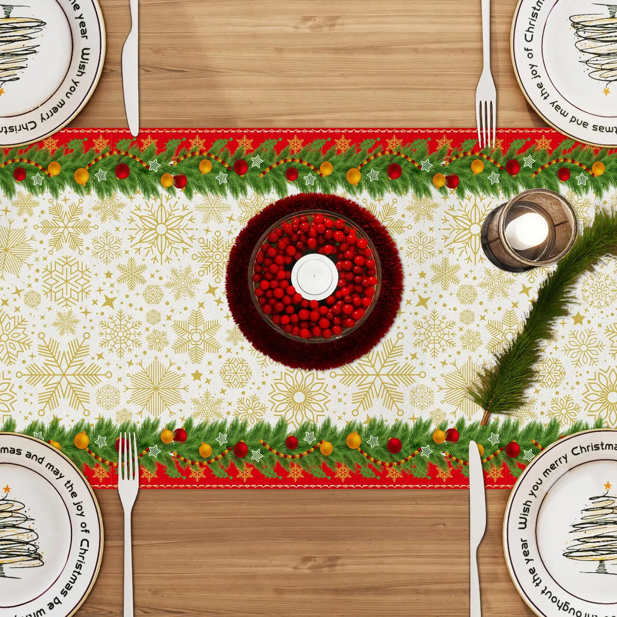 chemin table noël lin blanc motifs flocons neige guirlande sapin décoration table hiver