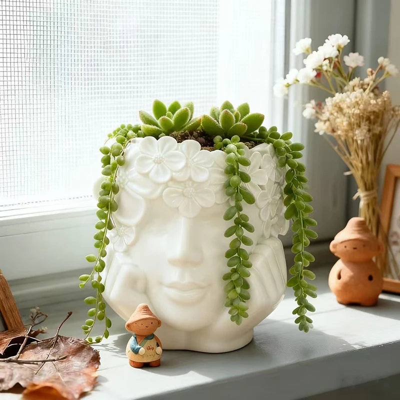 pots fleurs résine forme fille fleurs sculptées succulentes cactus plantes vertes deco bohème vintage